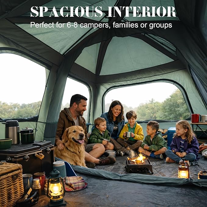 Instant 6-8 Person Camping Tent with Porch Large Family Cabin Tent with 2 Rooms Tall &amp Spacious 60s Easy Setup Waterproof Glamping Tent Big Tents for Outdoor Camping Hiking Backyard