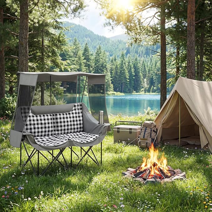 Double Camping Chair with Canopy Shade 660lbs Heavy Duty Beach Chair Portable Folding 2 Person Camping Loveseat with Cup Holder and Storage Bag for Lawn Beach Outdoor Sport(Grey Plaid)