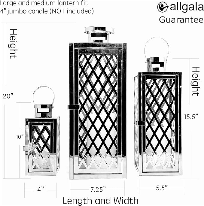 Allgala Lantern Set 3-PC Set Jumbo Luxury Modern Indoor/Outdoor Hurricane Candle Lantern Set with Chrome Plated Structure and Tempered Glass-Diamond Gold-HD88051