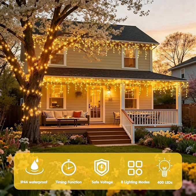 JMEXSUSS 38.8FT Icicle Lights for Outside 400 LED Icicle Christmas Lights Outdoor Indoor Plug in Warm White String Lights for Christmas House Patio Party Fireplace Holiday Decorations