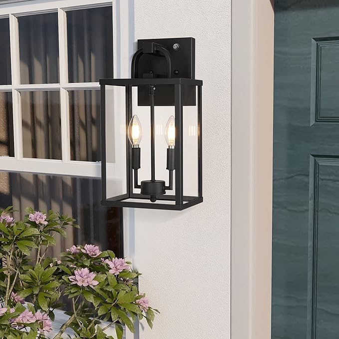 PARTPHONER Large Outdoor Light Fixutre 2-Light Dusk to Dawn Outdoor Lighting Farmhouse Front Porch Light Exterior Wall Lantern Sconce with Clear Glass for Entryway Doorway House Garage