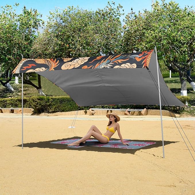 Chinese Dragon Pattern Beach Tent Sun Shelter 9.2' x 10.5' Beach Canopy with 4 Sandbags 4 Stability Poles Sand Shovels - Tent Canopy for Beach Camping Fishing Picnics