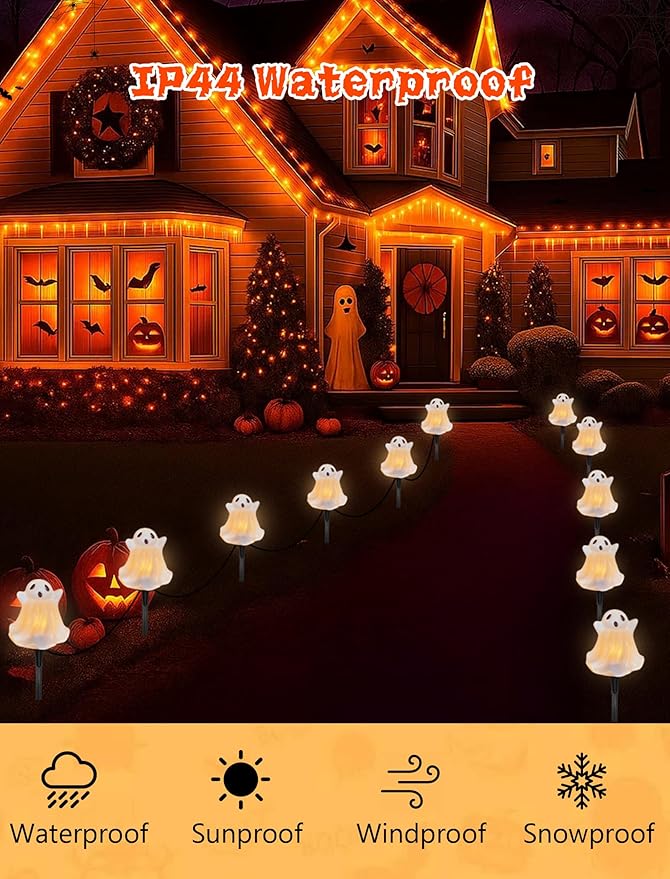 Halloween Pathway Lights Outdoor Decorations 4PCS 3D Light-Up Ghost Garden Stake Lights Waterproof Outdoor Lights for Yard Lawn Driveway Halloween Decor