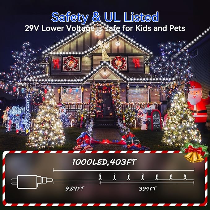 Hezbjiti 1000 LED 403 FT Christmas String Lights Outdoor 8 Lighting Modes IP44 Waterproof Fairy Lights with Timer and Dimmable Function for Home Party Tree Decorations (Cold White Clear Wire)