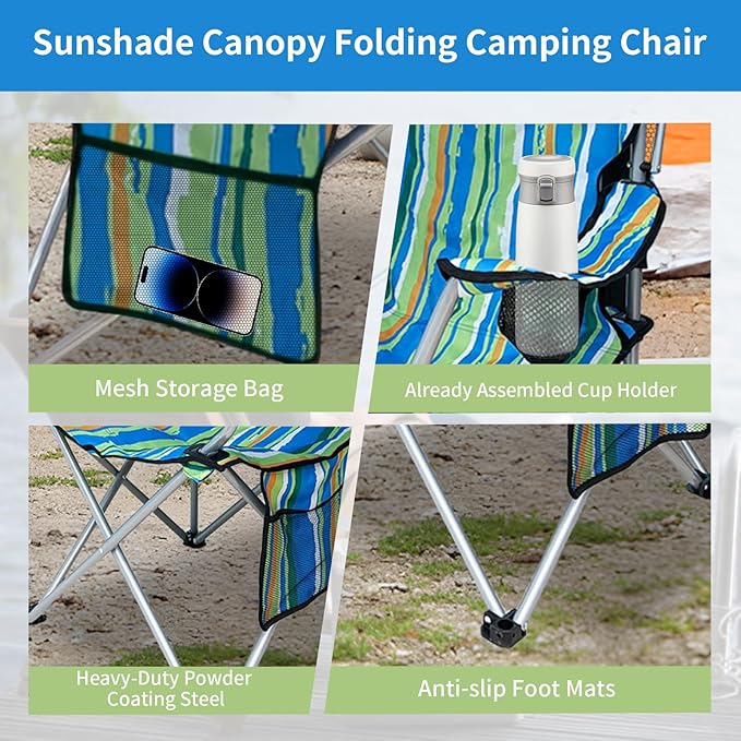 Camping Chair with Canopy Shade Adjustable Portable Folding Camping Chair with Cup Holder &amp Side Pocket for Beach Fishing Camping- Support 330 LBS (Streak)