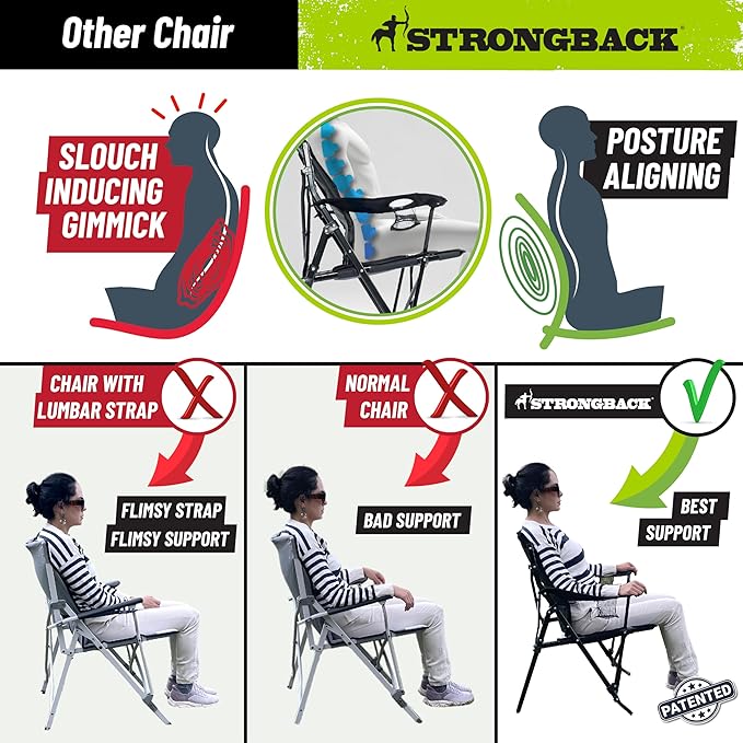 STRONGBACK Camping Chair Guru Heavy Duty Camping Chairs with Lumbar Support - Backpack Folding Camp Chair - Black