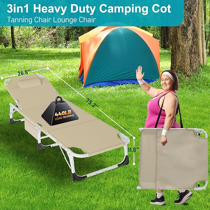 ABORON Folding Camping Cot W/Mat &amp Face Arm Hole for Adults Adjustable Heavy Duty Outdoor Bed1200 D Layer Oxford Travel Camp Cots for Beach Pool LawnYard Patio