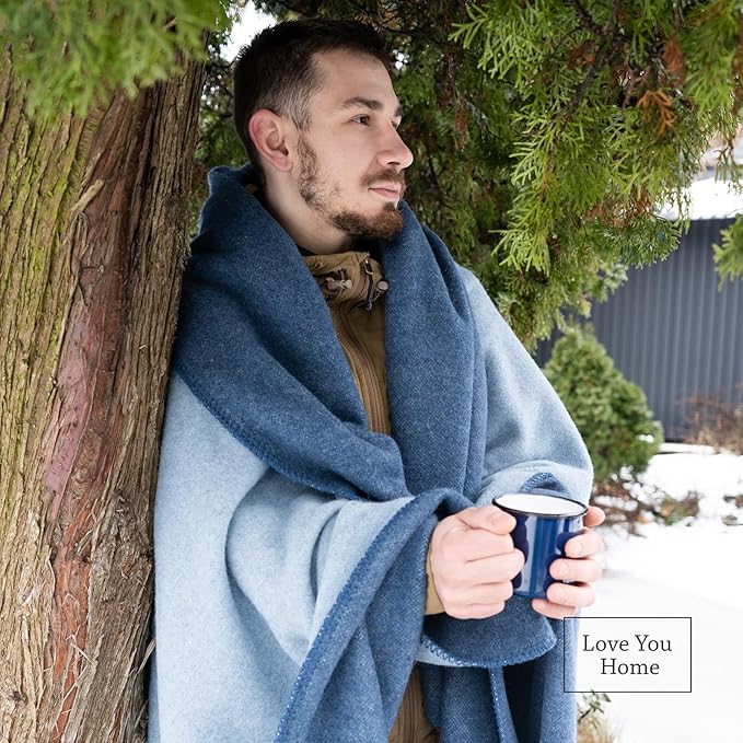 LYHome Merino Wool Blanket - Outdoor Camping and Hiking Throw Extra Warm Army Military &amp Hunting Blankets for Cold Weather Warmest Plaid Sheep Wool (51 x 67 in | Blue - Light Blue Double-Sided)