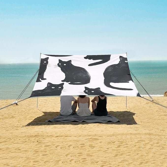 Black Cats Beach Tent Sun Shelter 9.2' x 10.5' Beach Canopy with 4 Sandbags 4 Stability Poles Sand Shovels - Tent Canopy for Beach Camping Fishing Picnics