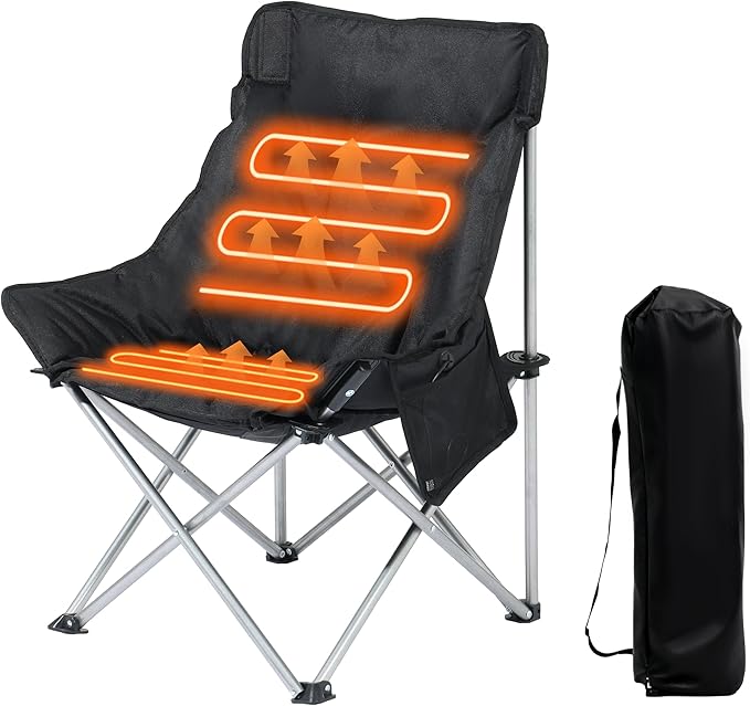 SunSettler Heated Camping Chair Oversized Heated Outdoor Chairs for Adults with 3 Heat Levels Portable Folding Padded Chair for Camp Lawn Sports (Battery NOT Included) (Black Small)