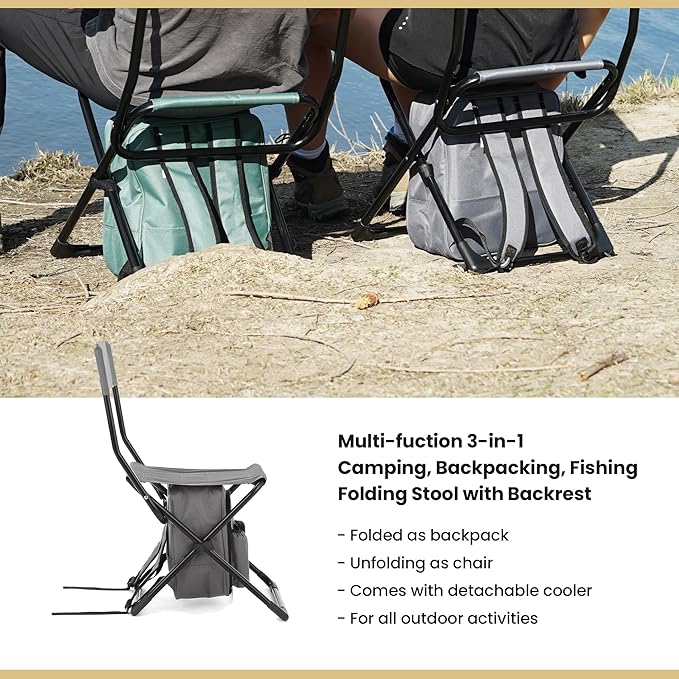 ARROWHEAD OUTDOOR Multi-Function 3-in-1 Compact Fishing Chair: Backpack Stool &amp Insulated Cooler w/Bottle Holder &amp Storage Bag External Pockets Backrest Camp Hiking Heavy-Duty USA-Base