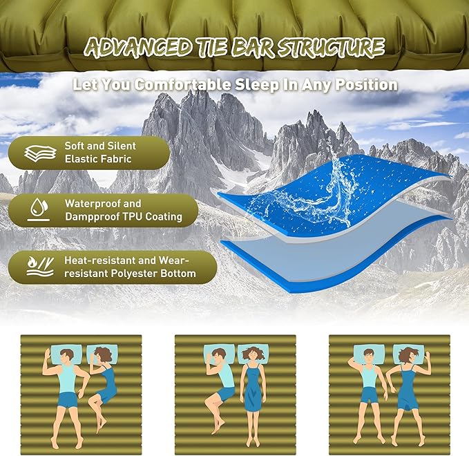 Double Camping Sleeping Pad Ultralight Waterproof Inflatable 2-Person Sleeping Mat with Inflation Bag Lightweight Portable Air Mattress for Outdoor Backpacking Hiking Car Traveling Tent (Green)