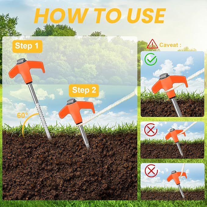 12 Pack 8 Screw in Tent Stakes Heavy Duty- Ground Anchors Screw- Tent Pegs Camping Stakes- Hex Pegs Drillable Tent Stakes and Hexagon Head Drive and Storage Box (Orange)