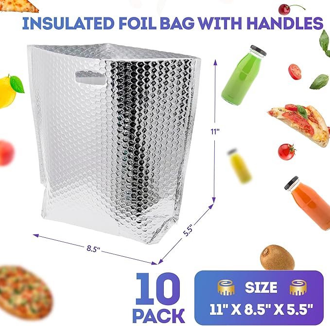 APQ Insulated Foil Bag With Handles 11 x 8.5 x 5.5 Inches. 10 Pack Thermal Bags for Frozen Food. Metallized Foil Box Liners With Bubble Cushion. Shipping Bags for Food Cosmetics