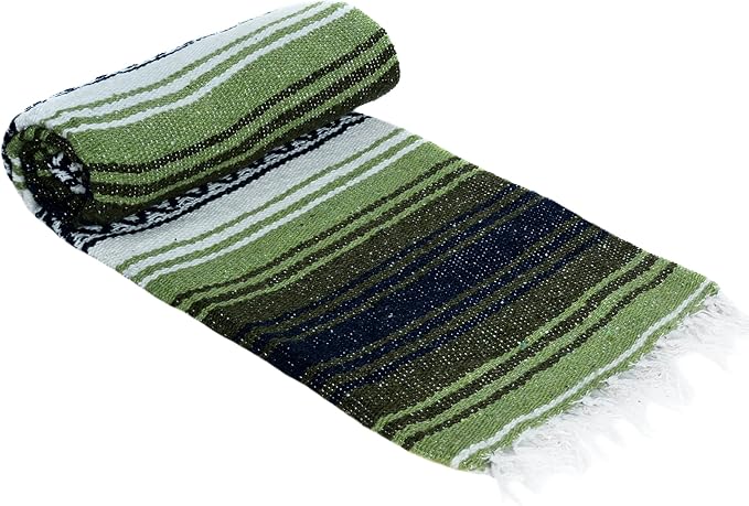 La Montana Mexican Blankets and Throws 4 Pk 74x50 - Made in Mexico Lightweight Yoga Blanket for Schools Studios Outdoors Camping Picnic Decor - Machine Washable Dark Olive/Light Olive/White