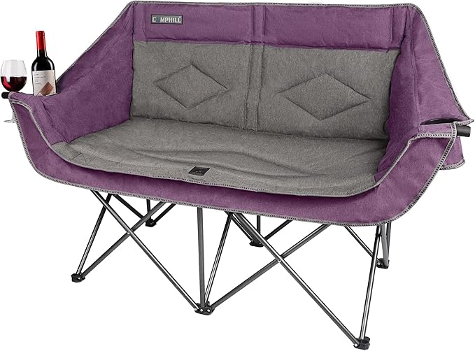 Oversized Double Camping Chair-Heavy Duty 2 Person Folding Loveseat Camp Couch for AdultsPortable Outdoor Lawn Chairs with Padded Seat for FishingSports and PatioSupports 500 LBSPurple