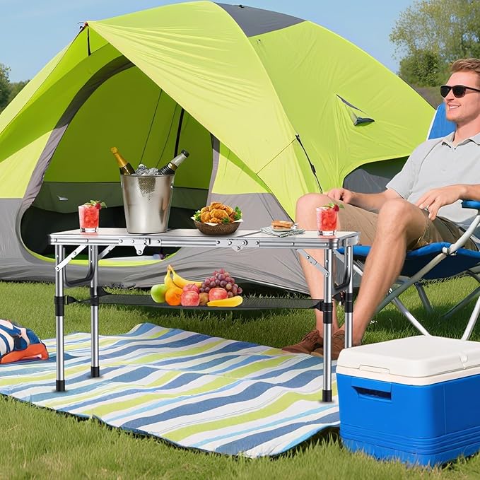 Anbte Folding Camping Table with Storage Net 3ft Camping Table Aluminum Folding Table with 3 Adjustable Height Max 27.1 Inch Portable for Outdoor Backyard BBQ Silver