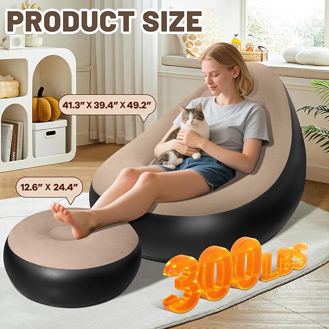 Inflatable Chair for AdultsPortable Inflatables Chairs with Ottoman Flocked Surface inflatables Couch Waterproof Blow Up chairComfortable inflatable Couch for CampingGaming (Without Pump) 2PK