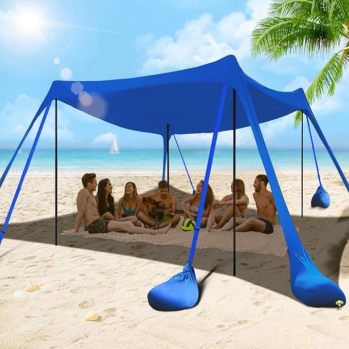 Beach Tent Sun Shelter 10x10FT Beach Shade Canopy with 8 Sandbags UPF 50+ Protection Beach Shade Canopy Outdoor Tent for Beach Camping Trips Fishing Backyard