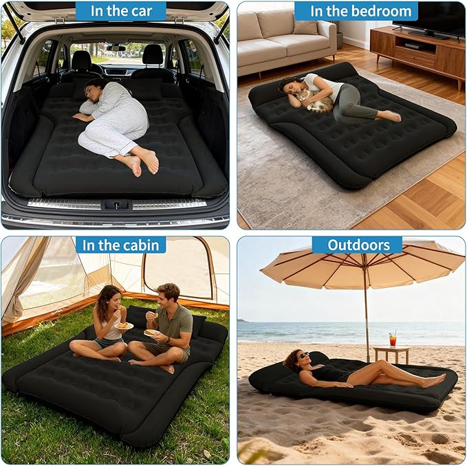 SUV Air Mattress Inflatable Bed for Car Sleeping Thickened Flocking Car Air Mattress Leakproof Comfortable Durable Cushion Cars Bed for SUVs Trunk Camping Road Trip (Black)