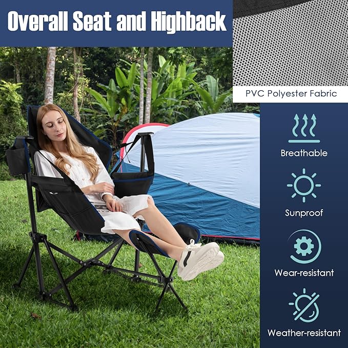 Giantex Outdoor Hammock Camping Chair - Rocking Chair with Removable Footrest Adjustable Backrest Pillow Cup Holder Storage Bag Portable Fishing Chair for Poolside Patio Folding Chair (2 Black)