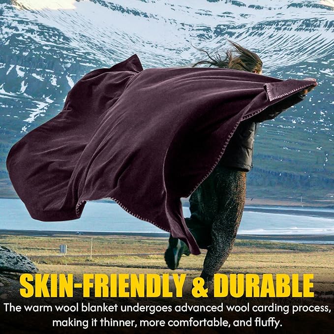 100% Wool Blanket 48 x 62 Warm Thick Washable Military Wool Blanket Great for Camping Outdoors Sporting Events Survival Kits Plum