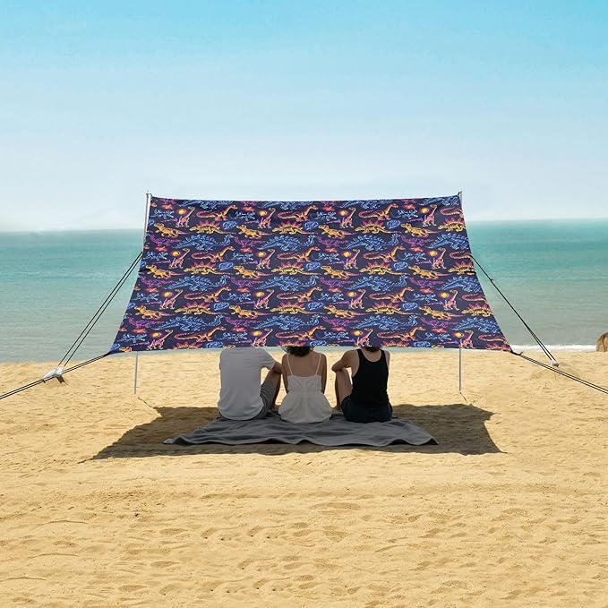 ALAZA Dinosaur Dino Neon Beach Tent Sun Shelter UPF50+ Protection Beach Shade Canopy w/ 4 Sandbags for Outdoor Camping Fishing Backyard Fun Picnic 10x9 ft