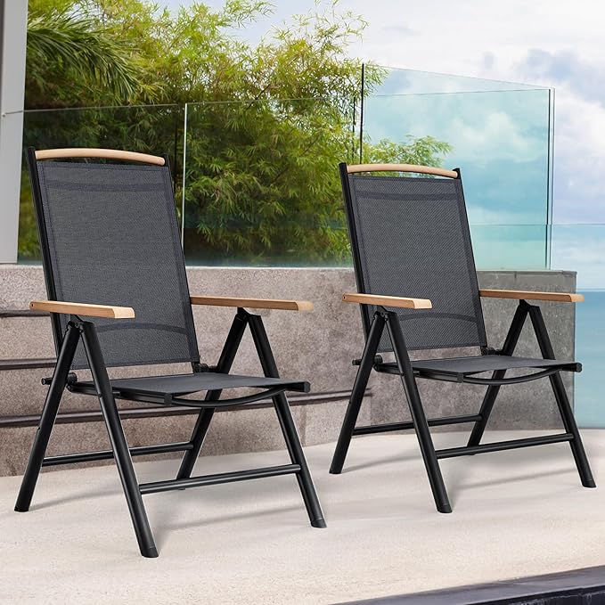 YITAHOME Aluminum Folding Patio Chairs Set of 4 Portable Patio Folding Chairs w/ 8-Position Backrest Breathable Folding Outdoor Chairs w/Sturdy Frame for Indoor &amp Outdoor Activities Black