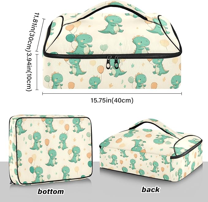 Casserole Carrier Cute Green DinosaursInsulated Casserole Carrier for Hot or Cold Food Thermal Lunch Tote for Potluck Parties Picnic Beach Fits 9 x 13 Inches Baking Dish