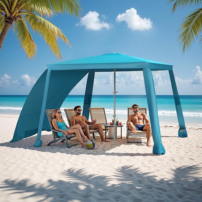 Beach Cabana-6.6x6.6’Beach Canopy with Side WallPortable Umbrella Tent with Sand Pockets for Family &amp FriendsEasy Up Beach Sun Shelter for Outdoor PatiosBackyardsand CampingBlue