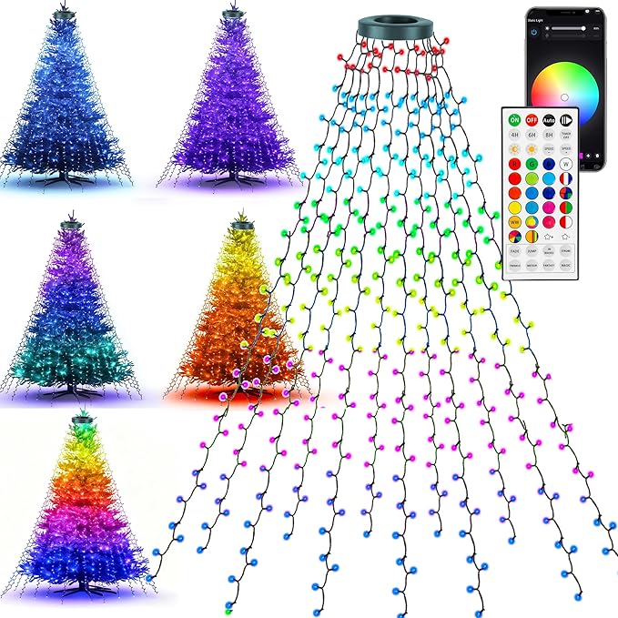 Dazzle Bright Smart Christmas Tree Lights 448 LED Color Changing Waterfall Tree Topper Lights with Remote &amp APP 8.2FT X 16 Lines RGB Christmas Light for Indoor Outdoor Party Xmas Decoration