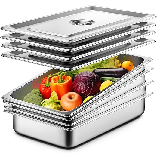 4 Pack Hotel Pans with Lids 1/1 Size 4 Deep Steam Table Pans Full Size Stainless Steel Food Pan 22 Gauge Anti Jam 20.8 L x 12.8 W Commercial Food Storage Containers