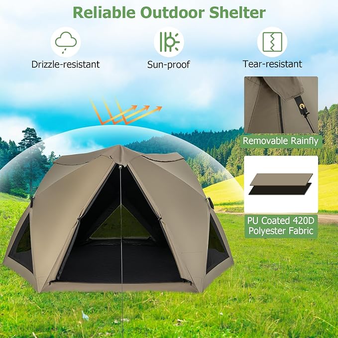 Tangkula 4-6 Person Pop Up Camping Tent with Visible Skylight Portable Backpacking Tent with Removable Rainfly 3 Mesh Walls 3 Zippered Doors Carrying Bag Family Dome Tent for Camping Hiking
