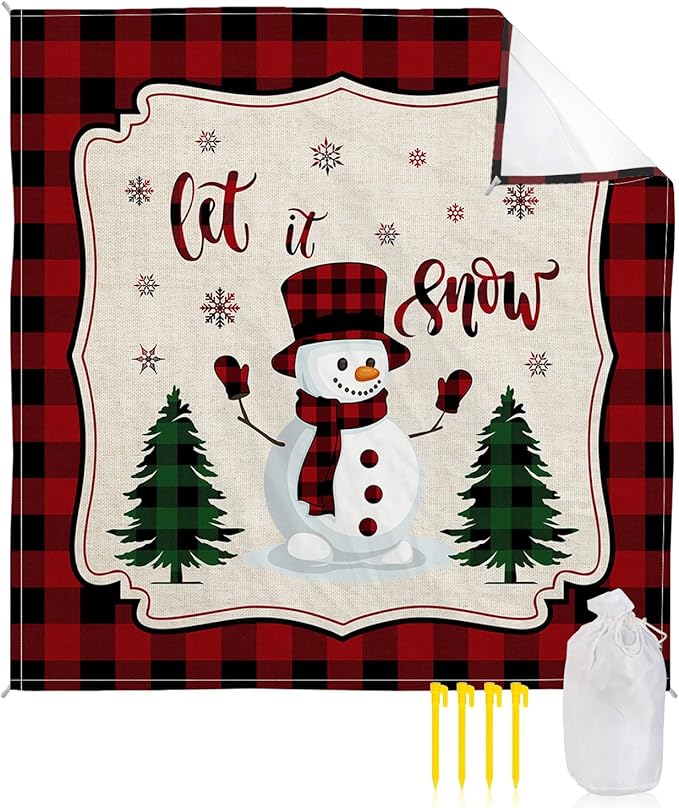 Beach Blanket Waterproof Sandproof OversizedCute Snowman with Scarf Hat Christmas Tree Beach Mat with Corner Stakes Sand PocketsWinter Snowflake Red Buffalo Plaid Picnic Mat for Travel 108x84In