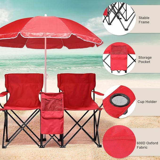 Double Camping Chair for AdultsPortable Outdoor 2-Seat Folding Beach Chair with Removable Sun Umbrella (Cup Holder+Cooler Bag+Mini Table) Support 360 LBS for Camping/Car Trunk/Lawn/Beach/Campfire Red