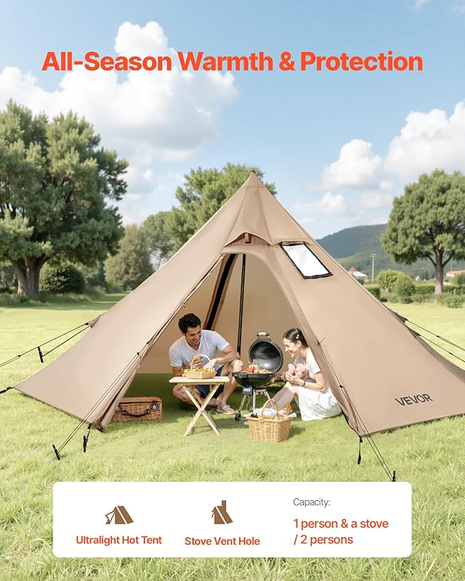 VEVOR Hot Tent Camping Tipi Hot Tents with Stove Jack Portable Winter Camping Tents with Snow Skirt Easy Setup Waterproof 4 Season Shelter Tents for Fishing Backpacking