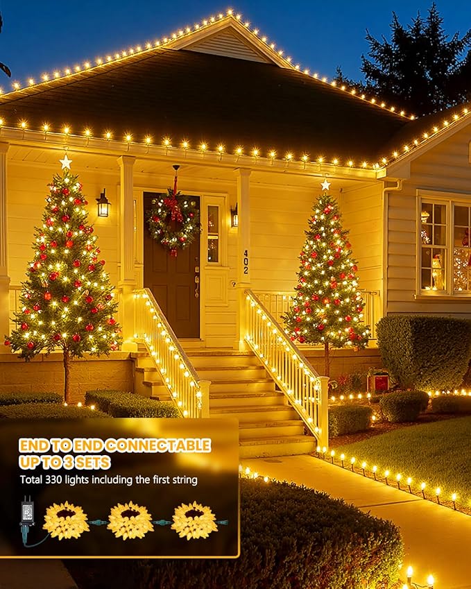 Minetom C9 Christmas Lights Outdoor 88FT 110LED String Lights with 8 Lighting Mode Waterproof Connectable UL Certified Warm White C9 Christmas decorations for Indoor Outdoor Patio Roofline Decor 2PC