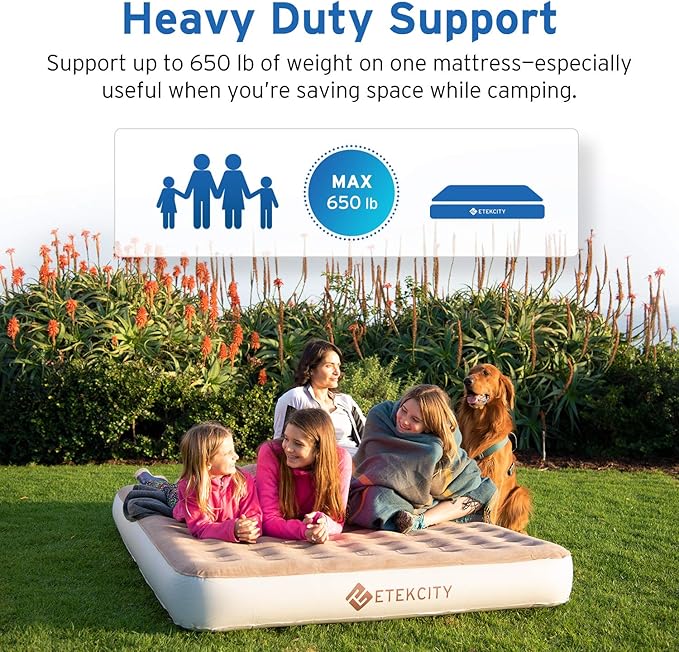 Etekcity Camping Air Mattress Inflatable Mattress Air Bed Queen Twin with Rechargeable Pump Leak-Proof Blow Up Mattress Raised Airbed  Height 9 Storage Bag  Brown