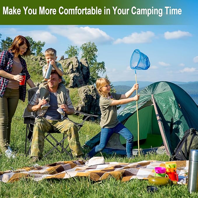 2PCS Collapsible Folding Camping Chairs Heavy Duty Lawn Foldable Chair with Cooler Bag Storage Pocket Waterproof Bag Outdoor Arm Sport Chair Supports 325LBS Black