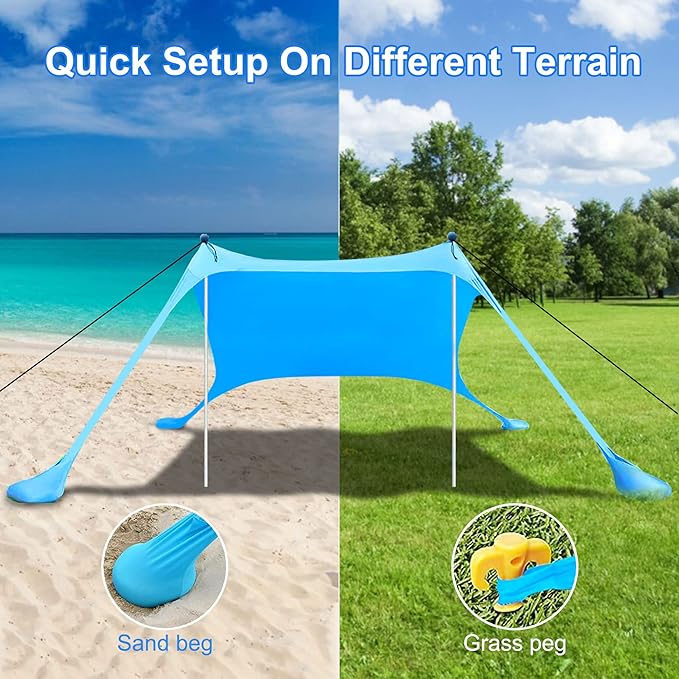 Beach Canopy Tent Sun Shade with UPF 50+ UV Protection Beach Tent Sun Shelter with Sandbags Poles and Ground Pegs and Anti-Wind Ropes for Outdoor Camping Backyard and Picnics