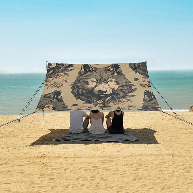 Vintage Wolf Pattern Beach Tent Sun Shelter 9.2' x 10.5' Beach Canopy with 4 Sandbags 4 Stability Poles Sand Shovels - Tent Canopy for Beach Camping Fishing Picnics