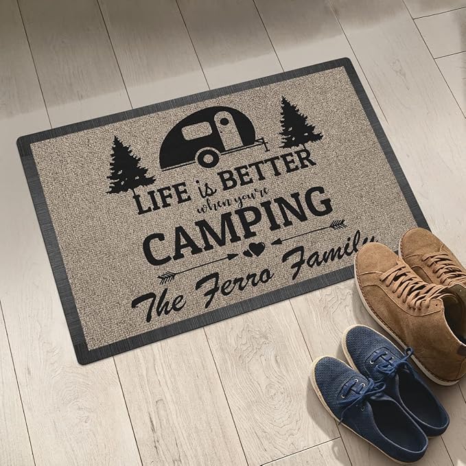 Personalized Campsite Doormat - Life is Better When You are Camping Custom Family Name Door Mat RV Accessories for Inside Outside Funny Rugs Decorations Travel Trailers 16 x 24 inches