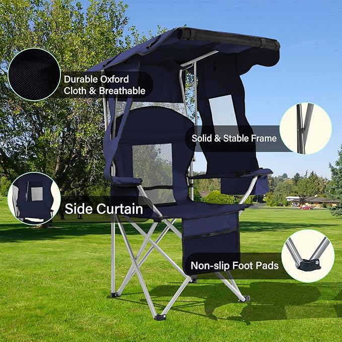 PLKO Camping Chairs with Canopy Portable Quad Lawn Chair for Adults Folding Recliner Chair with Cup Holder Outdoor Events and Shade- Support 330 LBS