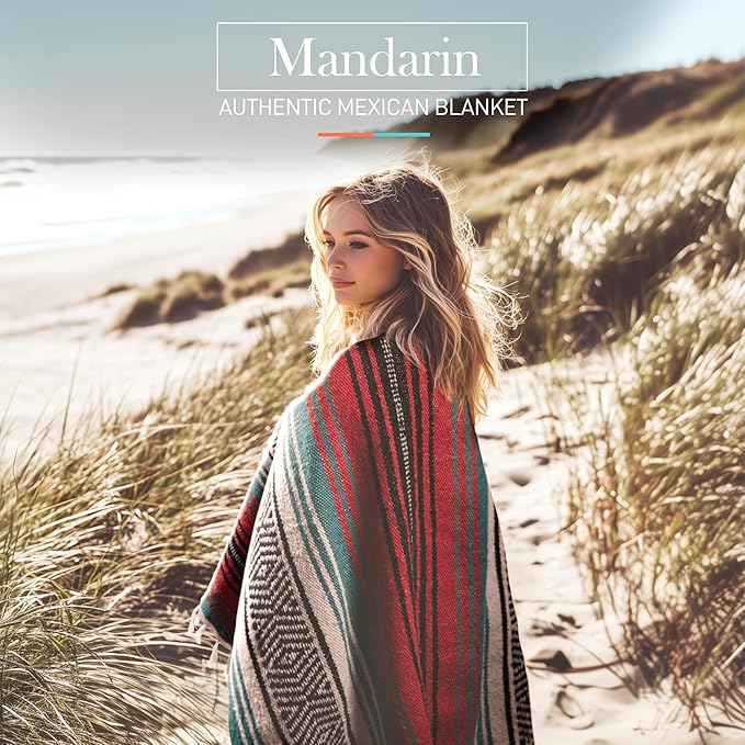 Hydration Nation Authentic Large Handwoven Mexican Blanket - Soft Yoga - Durable Serape - Lightweight Falsa Beach Camping Picnic Outdoor 70x50 - Mandarin