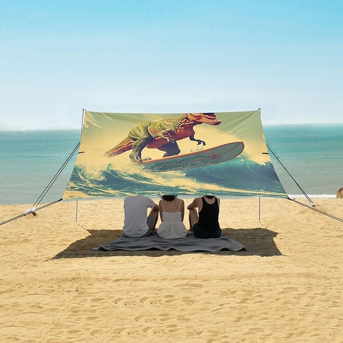 Dinosaur on Surfboard Beach Tent Sun Shelter 9.2' x 10.5' Beach Canopy with 4 Sandbags 4 Stability Poles Sand Shovels - Tent Canopy for Beach Camping Fishing Picnics