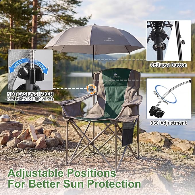 CAMPHILL 2 Pack Oversized Camping Chairs with Adjustable Umbrella-Folding Padded Lawn Chair with Backrest &amp Comfy Armrest-Heavy Duty for Beach Patio PicnicDark Green