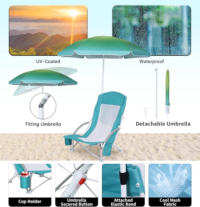 Beach Chair Beach Folding Chair for Adults Camping Chair High Back with Umbrella and Cooler Bag Huge Shade Portable &amp Lightweight for Beach Outdoor Camping (2 Bright Blue w/Hint Green)