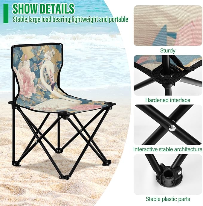 White Flamingos Pink Peonies Packable Backpack Chairs for Adults Ultralight Packable Chair with Carrying Bag Outdoor Chairs for Indoor Indoor