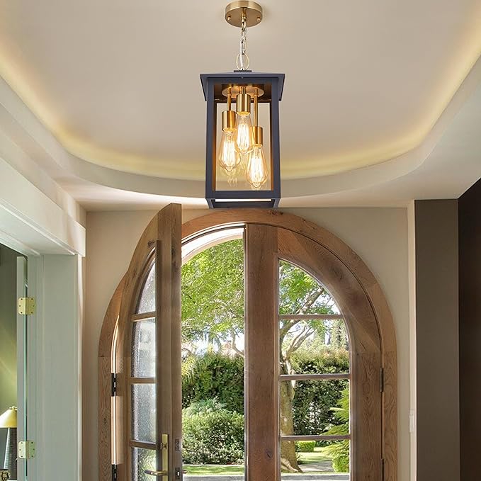 3-Lights Large Outdoor Pendant Light with Clear Glass17Inch Ht Exterior Hanging Lantern with Textured BlackSuit for Damp LocationsEasily Installed on Your Porch &amp Patio Yard Garden.