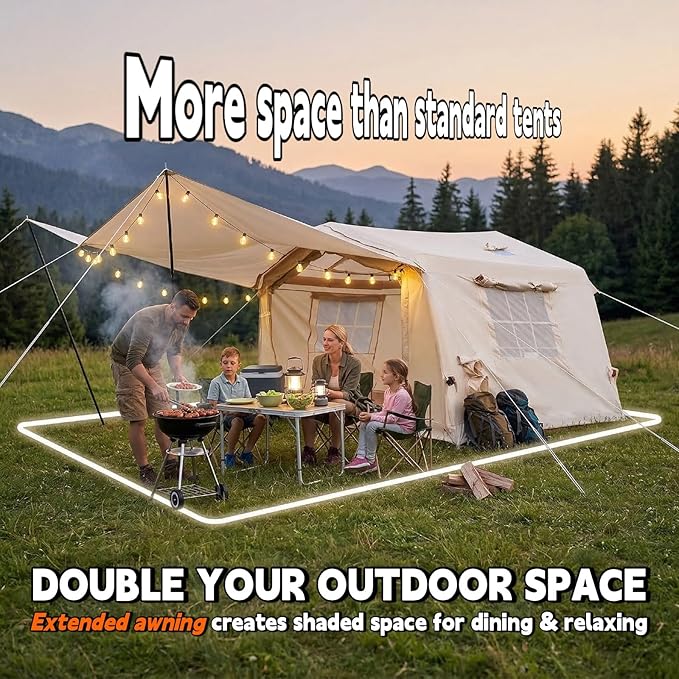 Inflatable Tent with Canopy for Camping 4/6/8 Person Large Family Air Tent 5 Min Easy Setup with Pump 4 Season Waterproof Oxford Camping Tent with Stove Jack &amp AC Port 8x10 FT Beige